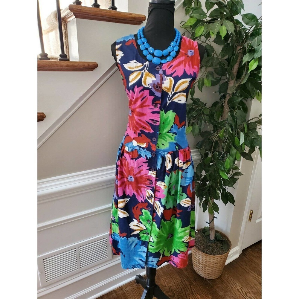 Vintage Center Aisle Multicolor Floral Sleeveless Scoop Neck Knee Length Dress L